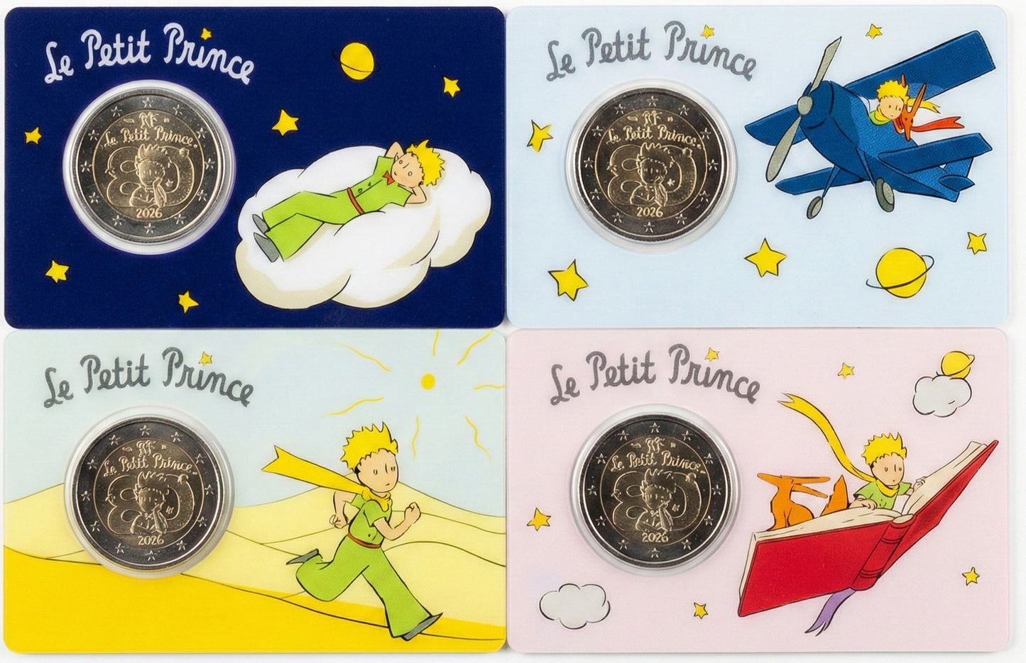 2 Euro Gedenkmünze Frankreich 2026 der kleine Prinz, alle 4 Coincards