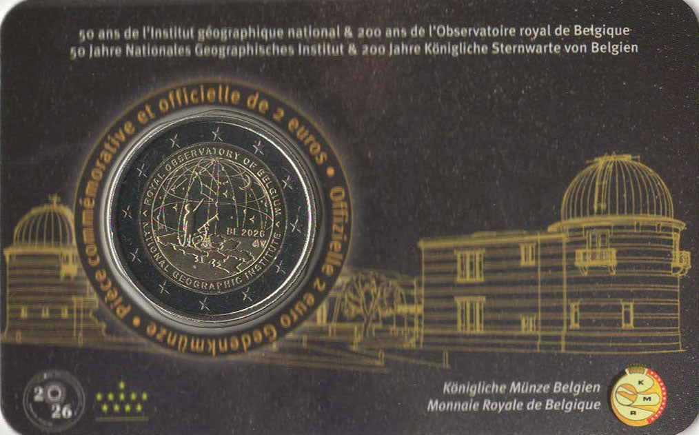 2 Euro Gedenkmünze Belgien 2026 - 50 Jahre Geographisches Institut / 200 Jahre Sternwarte - Coincard FR