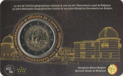 2 Euro Gedenkmünze Belgien 2026 - 50 Jahre Geographisches Institut / 200 Jahre Sternwarte - Coincard FR