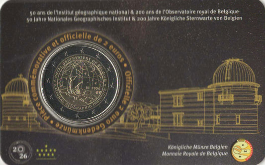 2 Euro Gedenkmünze Belgien 2026 - 50 Jahre Geographisches Institut / 200 Jahre Sternwarte - Coincard FR