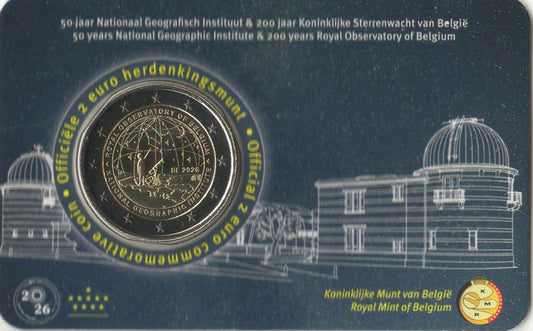 2 Euro Gedenkmünze Belgien 2026 - 50 Jahre Geographisches Institut / 200 Jahre Sternwarte - Coincard NL