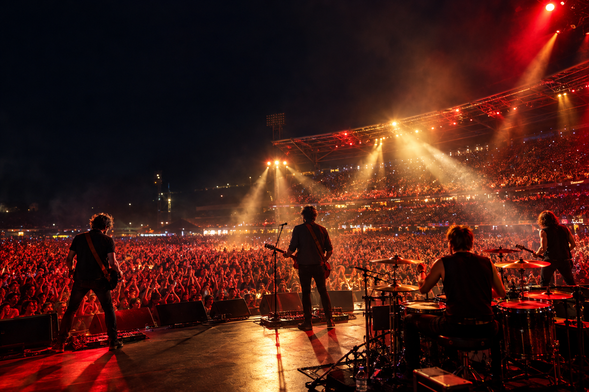 Fiktive Rockband auf einer Open-Air-Bühne vor Stadionpublikum